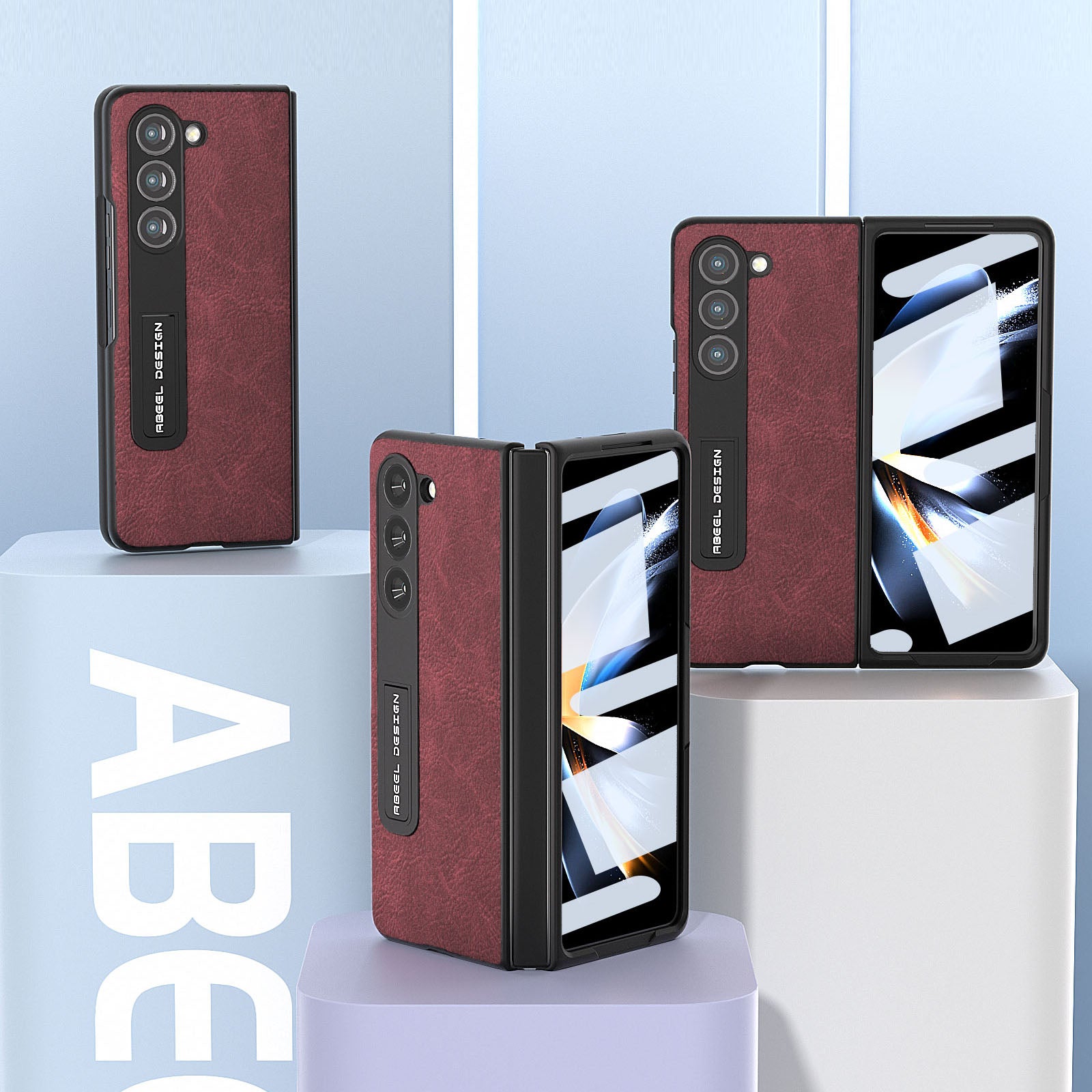 ABEEL For Samsung Galaxy Z Fold5 5G Kickstand Phone Cover Litchi Texture Leather Coated PC Case with Front Screen Film ABEEL For Samsung Galaxy Z Fold5 5G Kickstand Phone Cover Litchi Texture Leather Coated PC Case with Front Screen Film